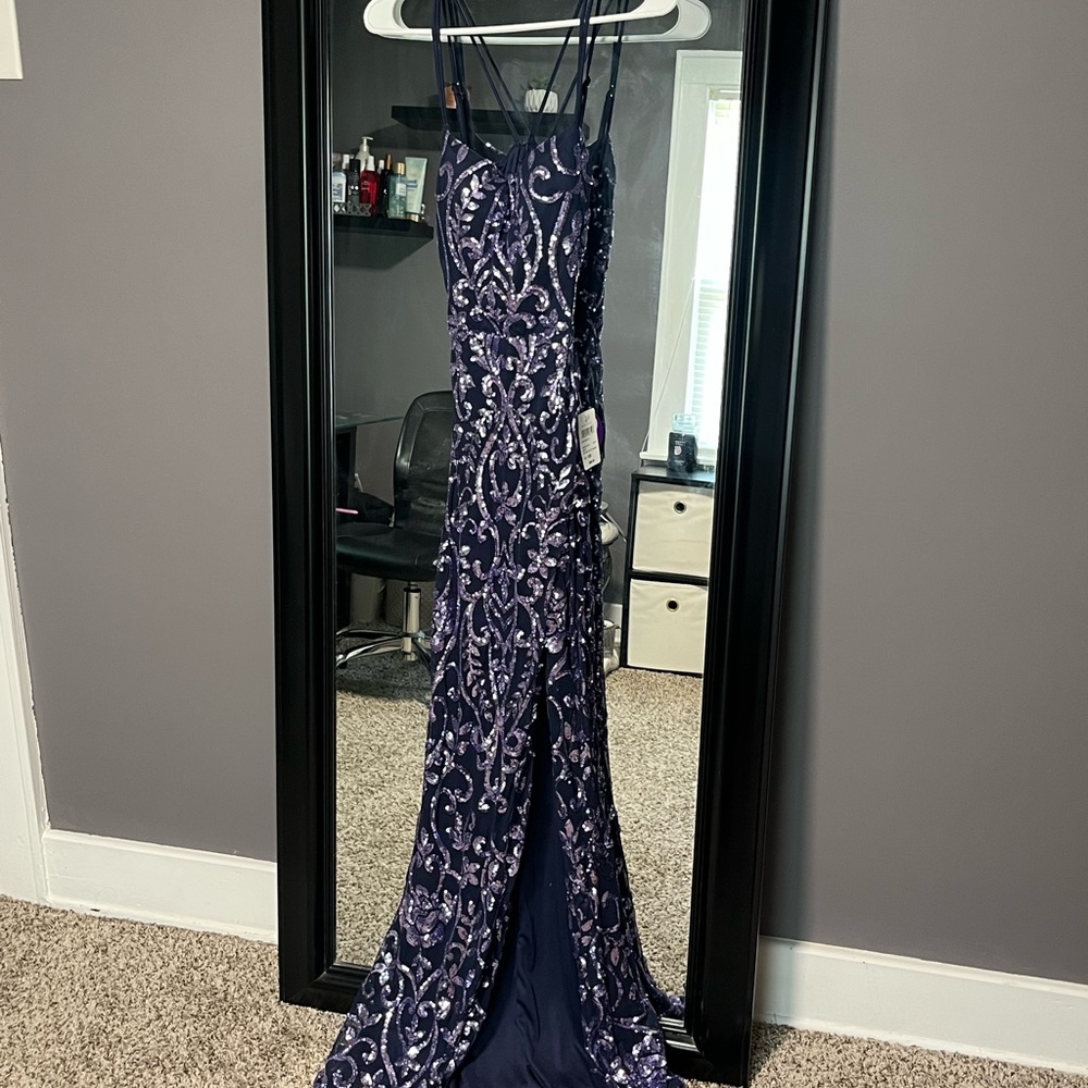 Windsor Navy and Silver Sequin Prom Dress